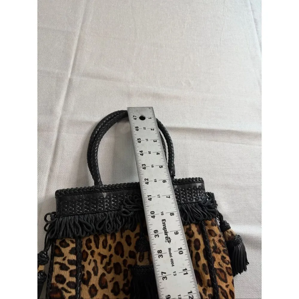 Francesco Biasia Leopard Haircalf Leather Tassel Satchel Top Handle Bag Italy